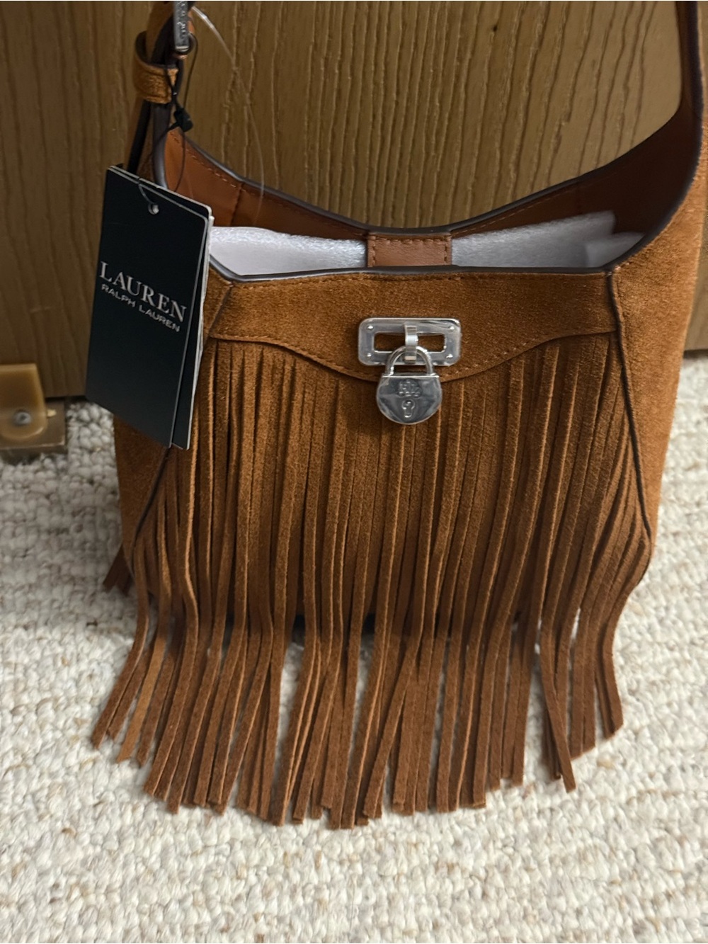 Lauren Ralph Lauren Tanner Small Suede Fringe Shoulder Bag Tan $325 - Picture 8 of 14